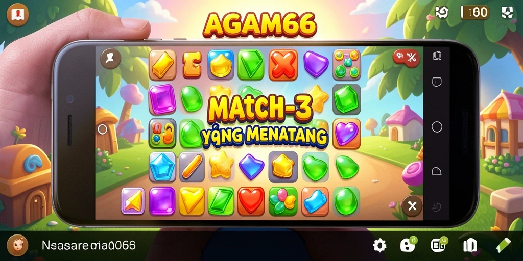 Tampilan seru gameplay AGAM66 yang penuh warna dan tantangan Match-3.