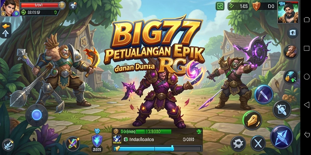 Tampilan gameplay RPG epic dalam BIG77 yang menampilkan pertempuran melawan monster.