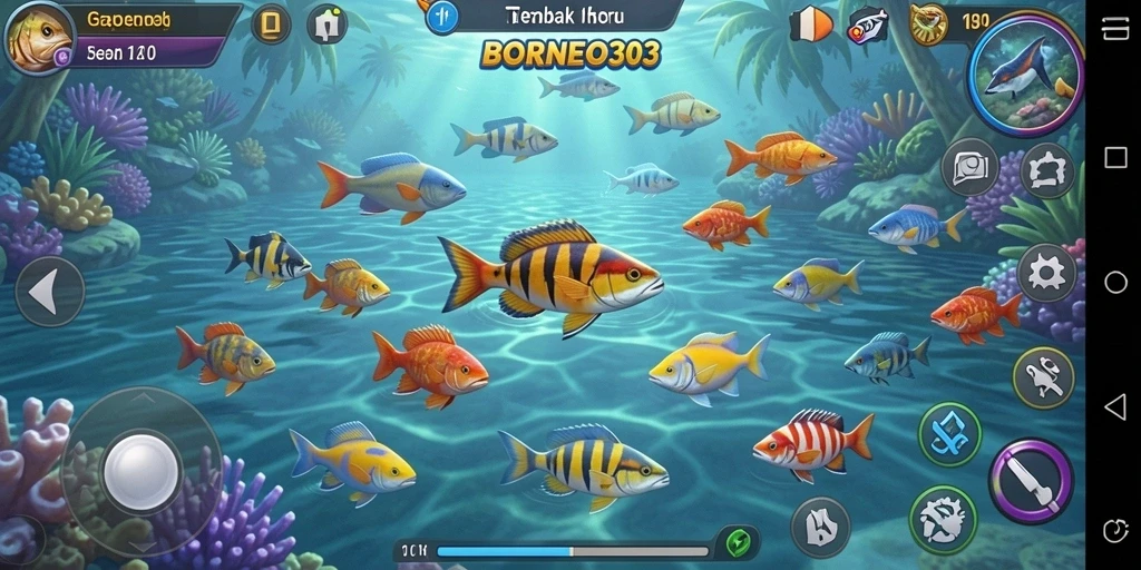 Screenshot menunjukkan aksi seru dalam menembak ikan di BORNEO303.
