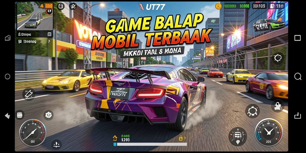 Screenshot gameplay UT77 menunjukkan aksi balapan yang mendebarkan.
